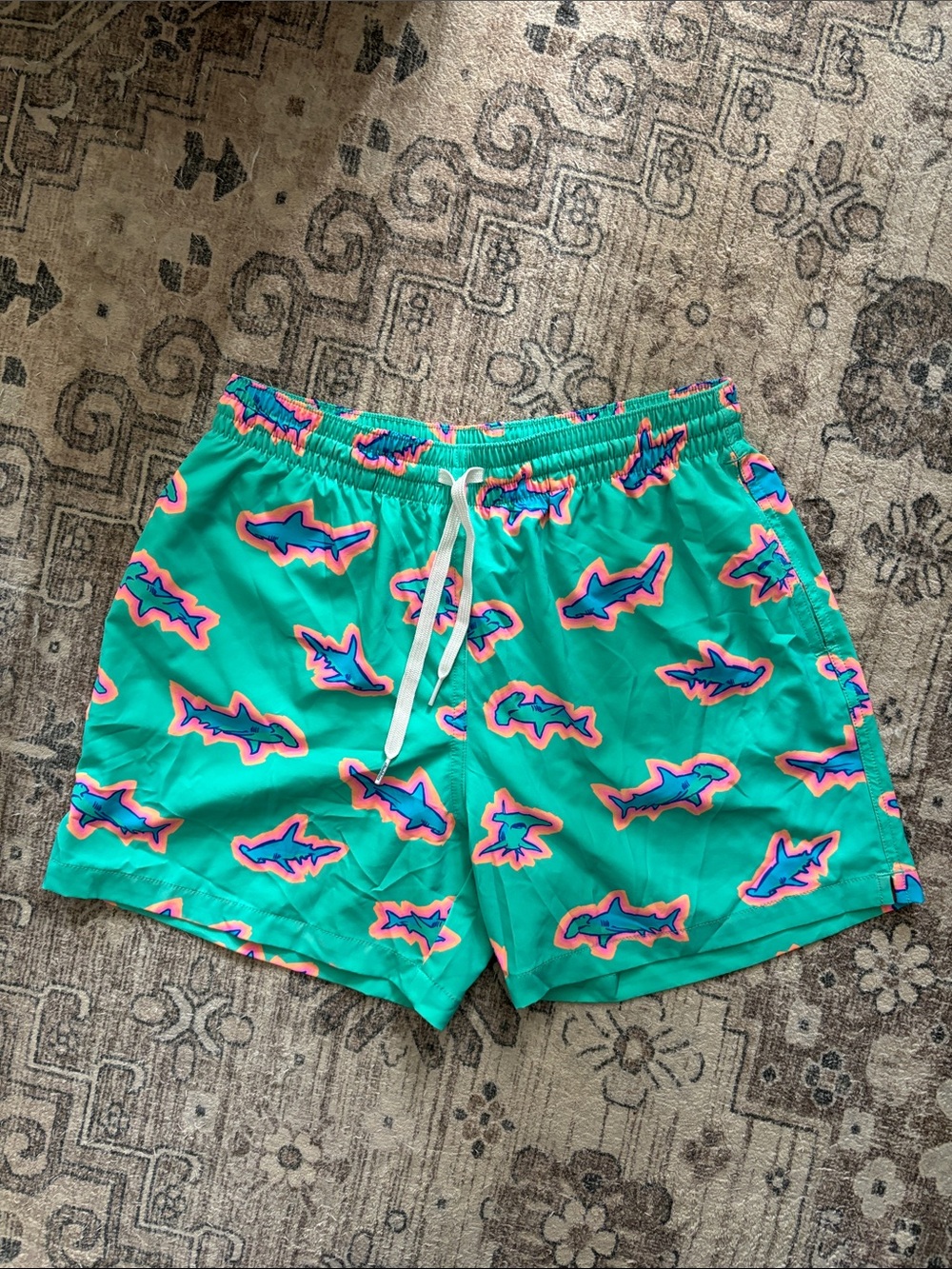 chubbies Teal Swim Shorts with Pink & Blue Shark Print